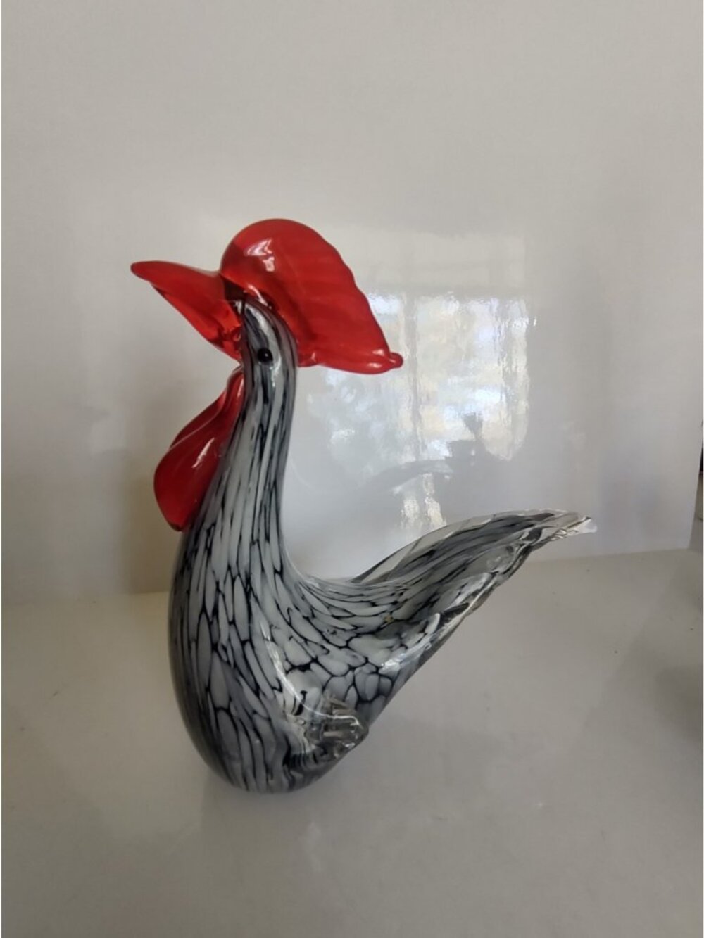 Murano Style Art Glass Hand Blown Rooster Red Top, Swirled Body 8" Tall